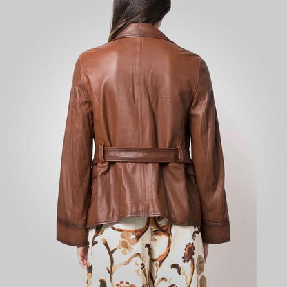 Women's Goatskin Belted Brown Leather Jacket