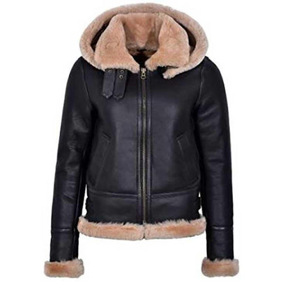 Aviator Hooded Flying Leather Jacket For Women