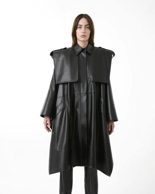 Women's Oversized Cape Leather Trench Coat