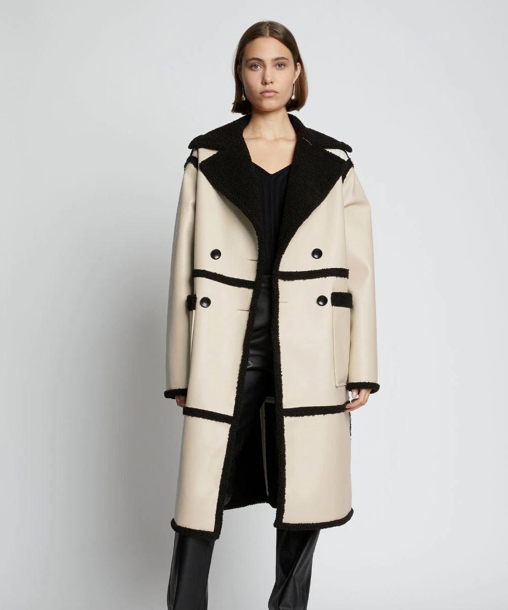 Women's Aviator Shearling Leather Trench Long Coat