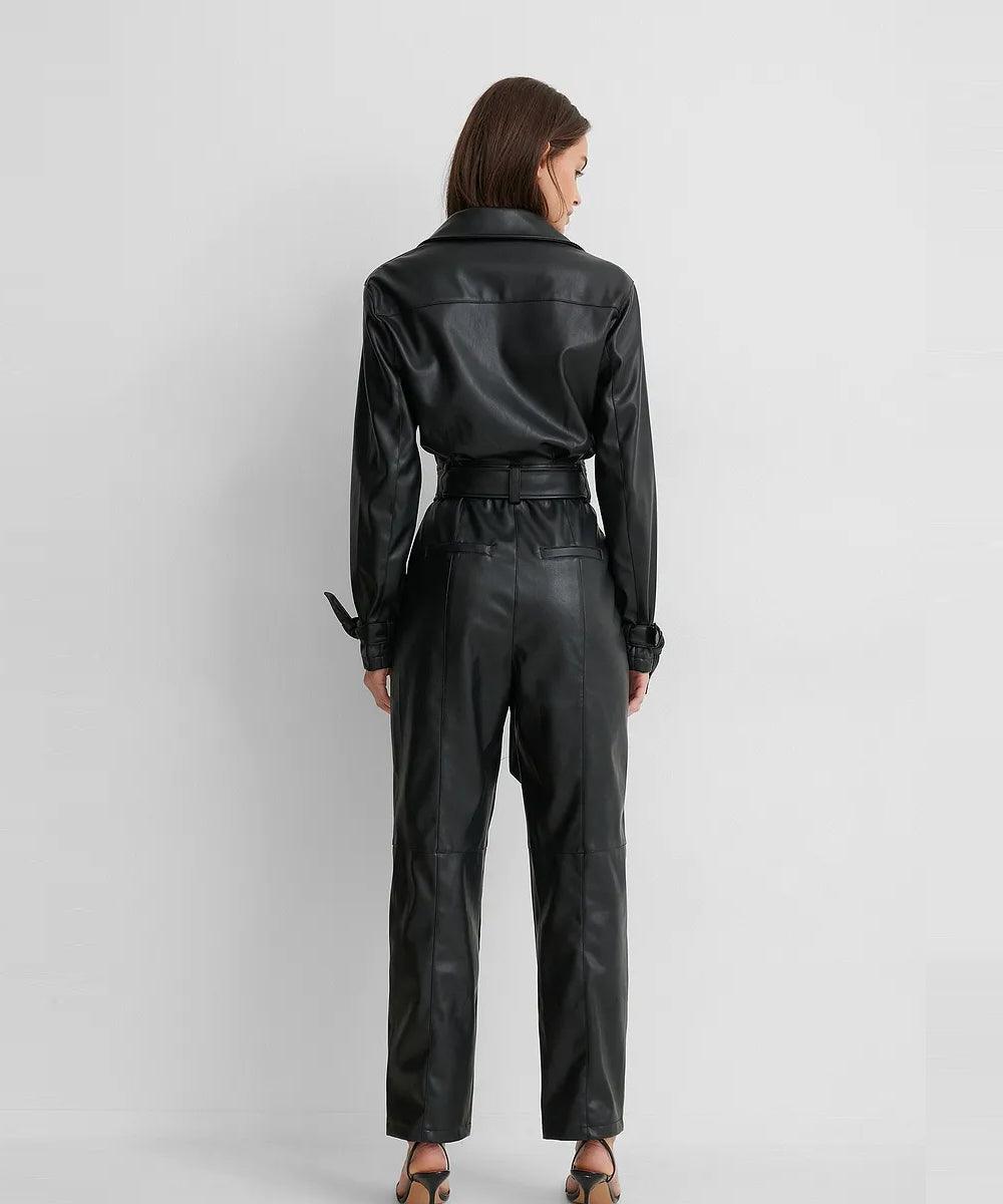 Black Sleeved Genuine Lambskin Leather Jumpsuit For Women