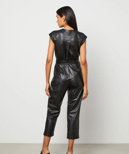 Black Belted Utility Down Leather Jumpsuit For Women