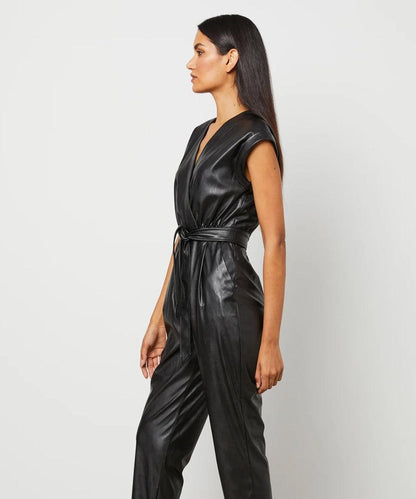 Black Belted Utility Down Leather Jumpsuit For Women