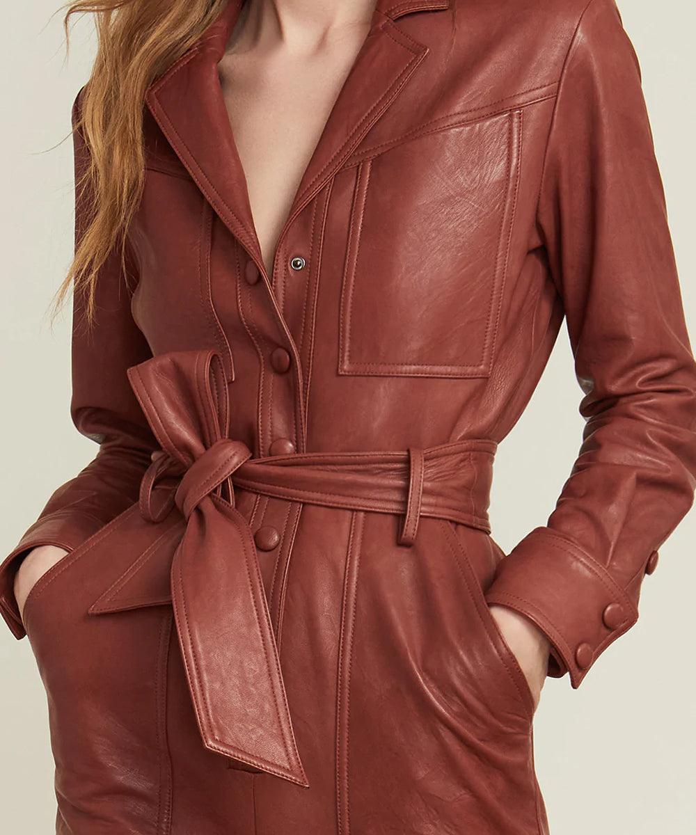 Brown One Piece Belted Leather Jumpsuit For Women