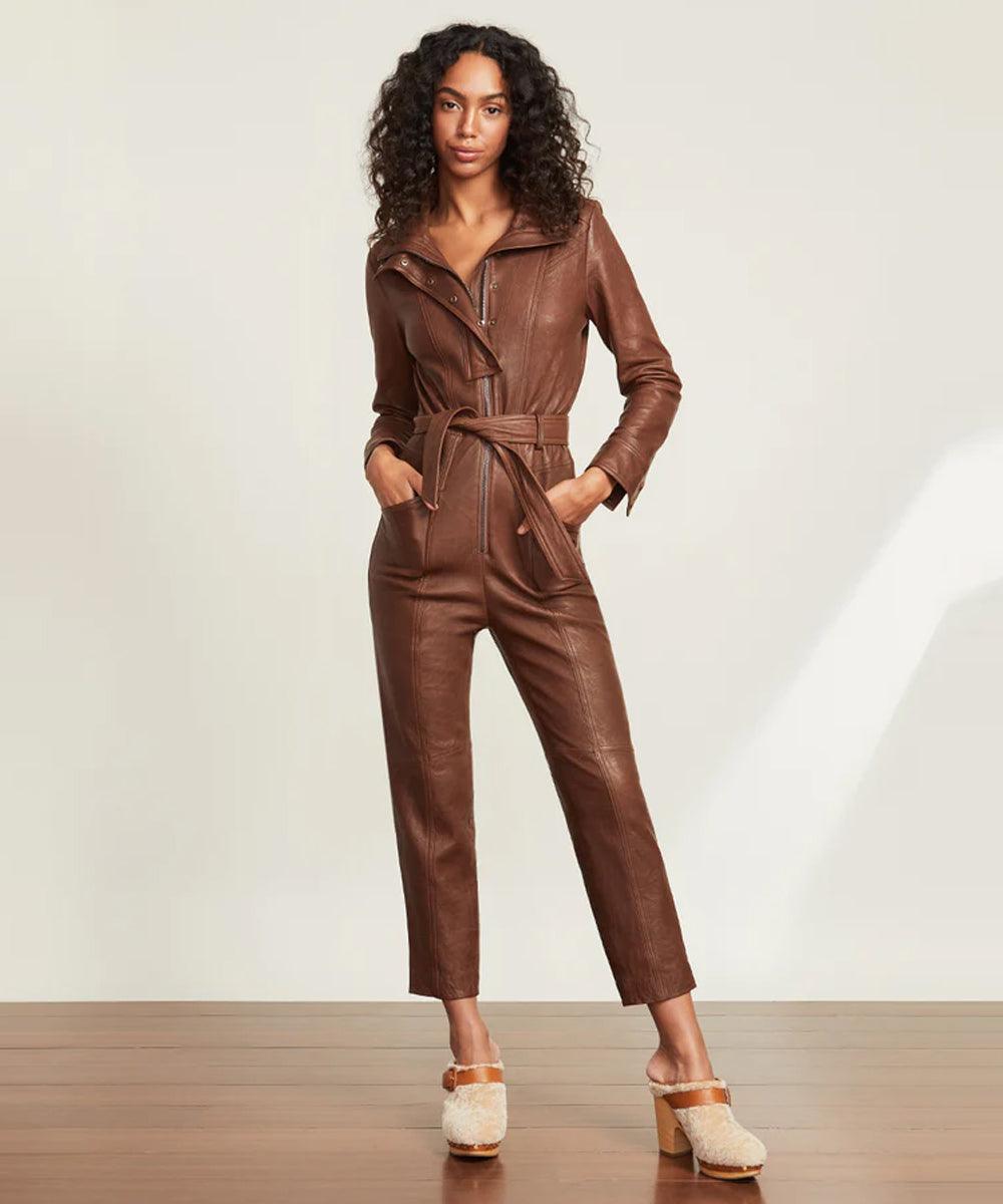 Brown Utility Belted Leather jumpsuit For Women