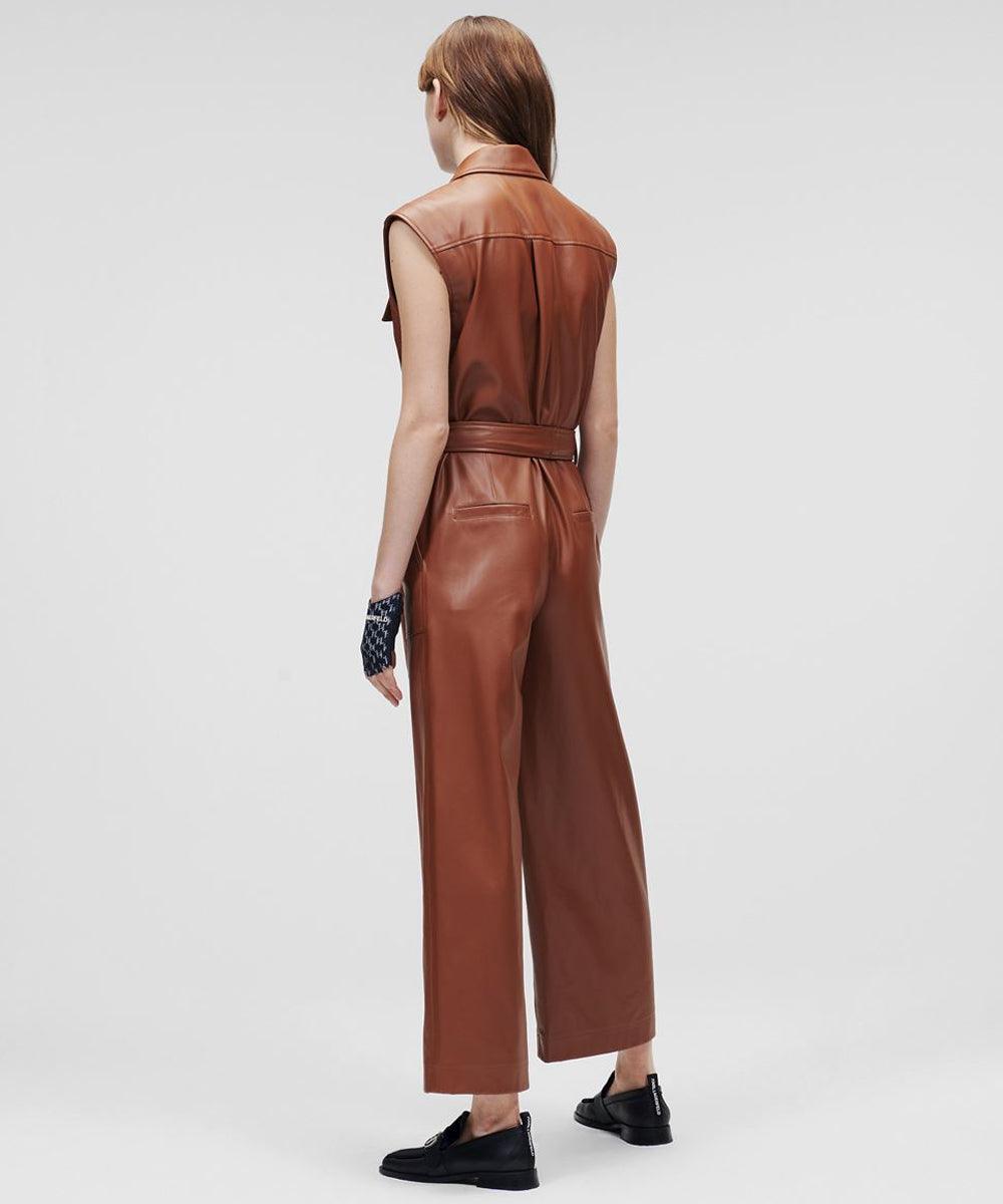 Women's Brown Utility Real Leather Jumpsuit