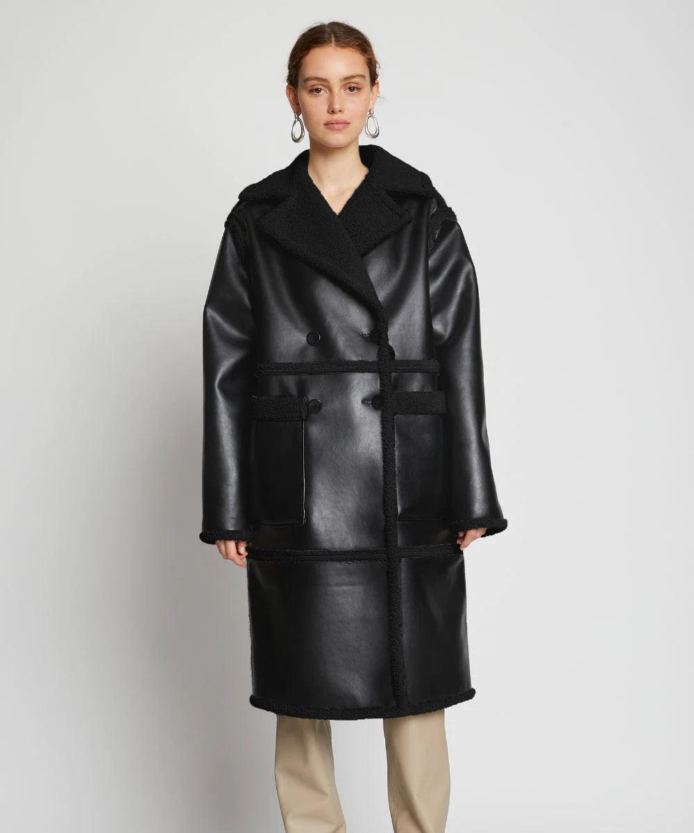 Women's Black Duster Sherpa Leather Trench Shearling Coat