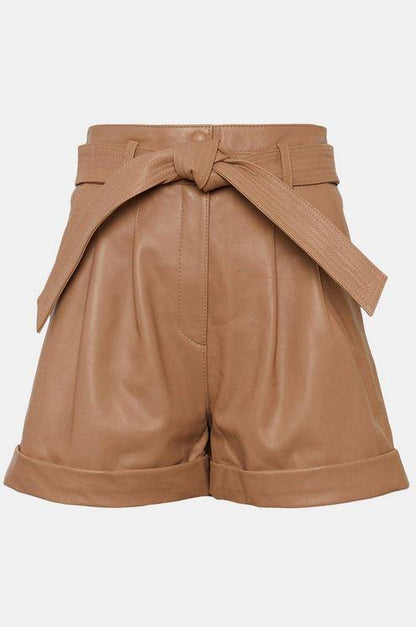High Waist Brown Leather Belted Shorts For Women
