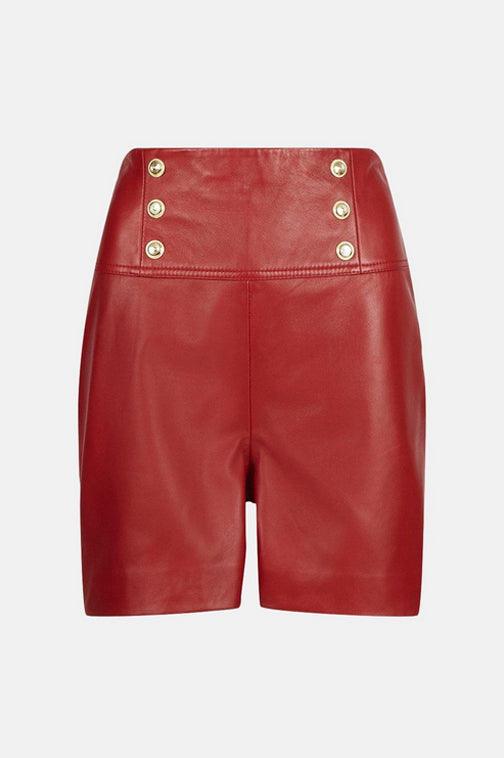 High Waist Military Button Red Leather Shorts