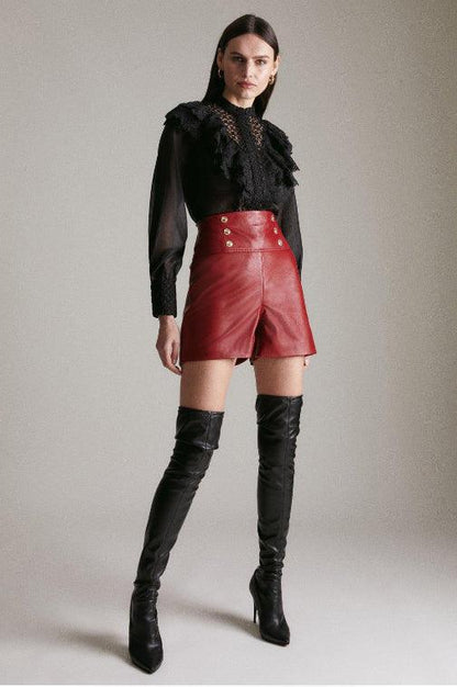 High Waist Military Button Red Leather Shorts
