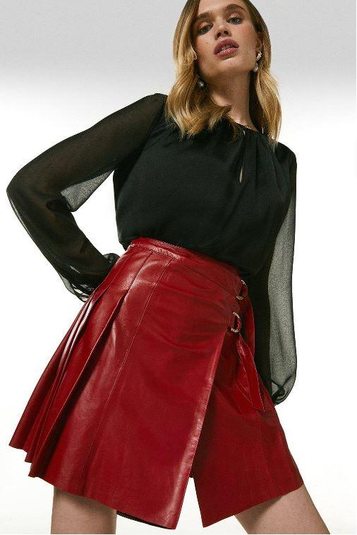 Red Leather Buckle Kilt Skirt For Women