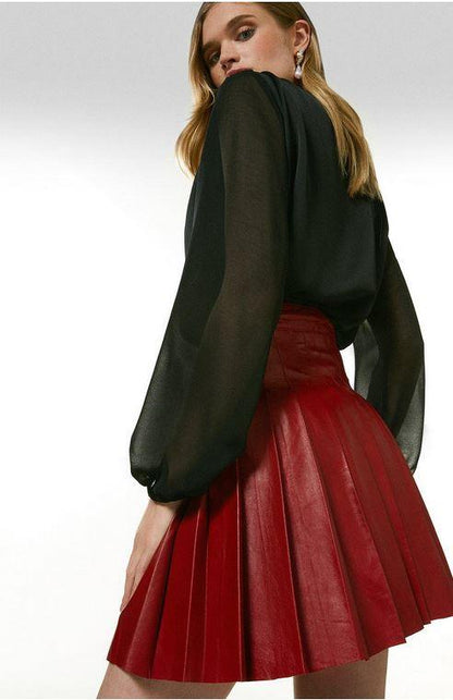 Red Leather Buckle Kilt Skirt For Women