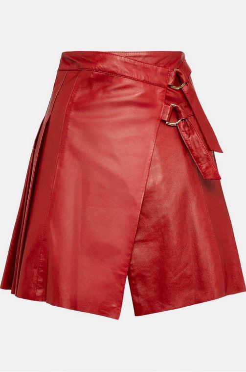 Red Leather Buckle Kilt Skirt For Women