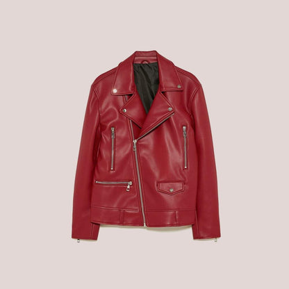Women's Utility Red Leather Biker Jacket