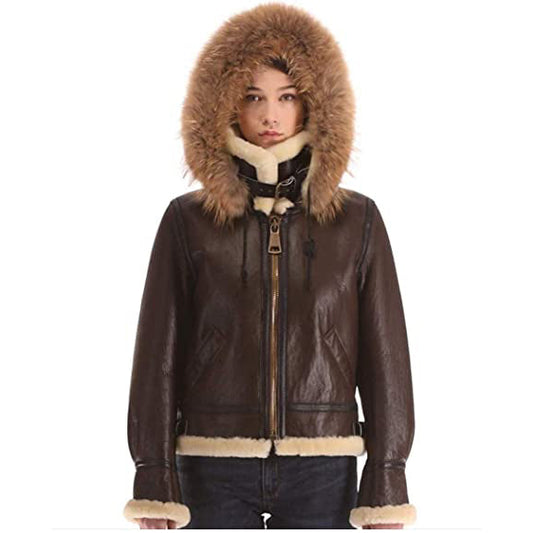 Women's B3 Real Shearling Sheepskin Fur Bomber Leather Flying Aviator Jacket