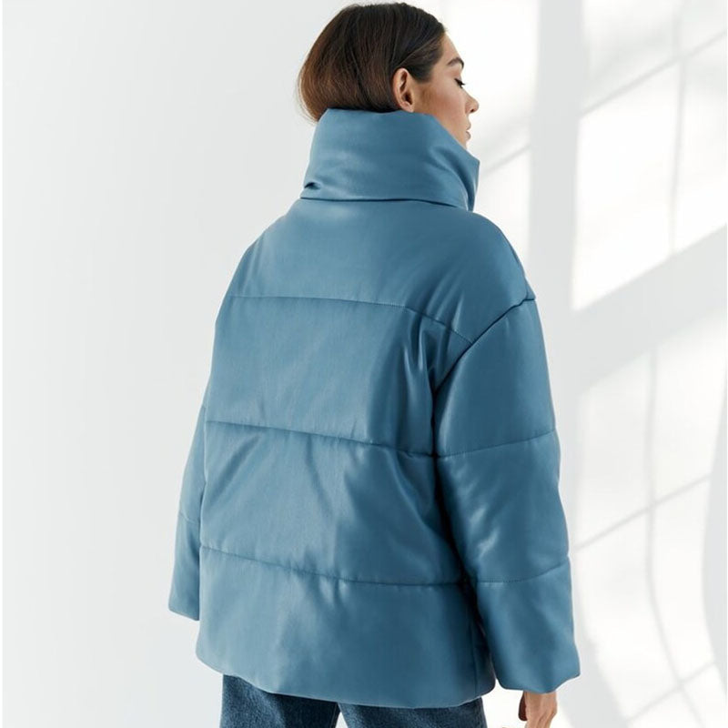 Blue Leather Puffer Jacket for Women