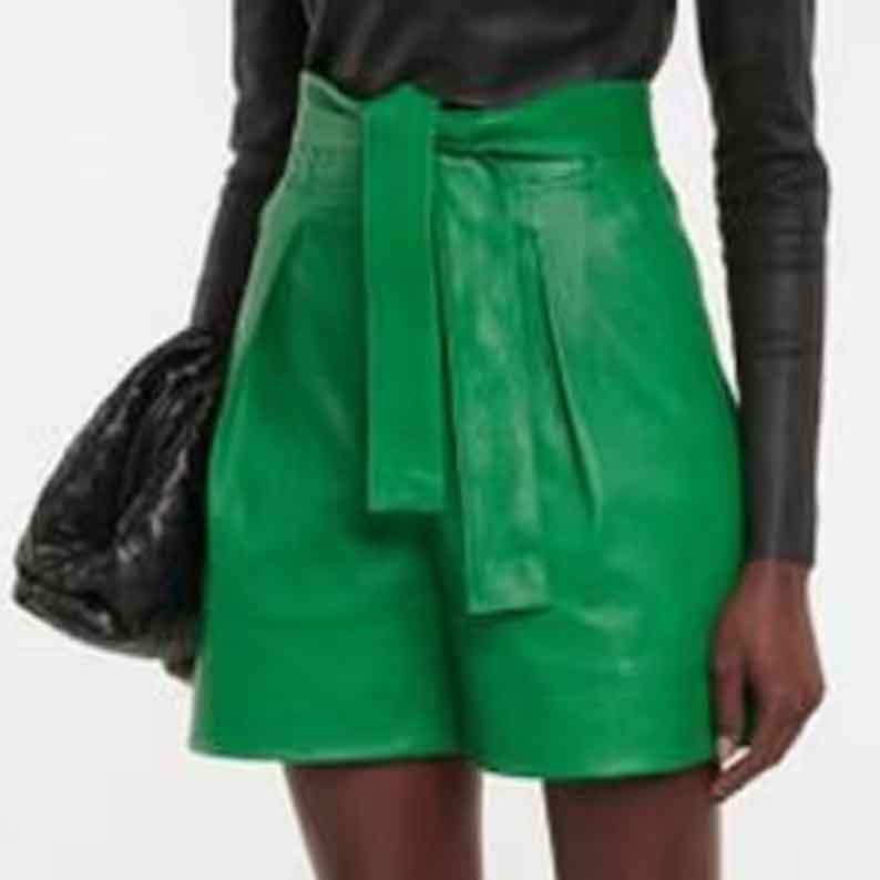 Womens Green Leather Short with Tie Belt