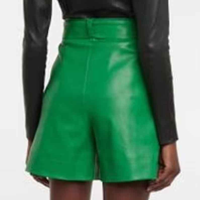 Womens Green Leather Short with Tie Belt