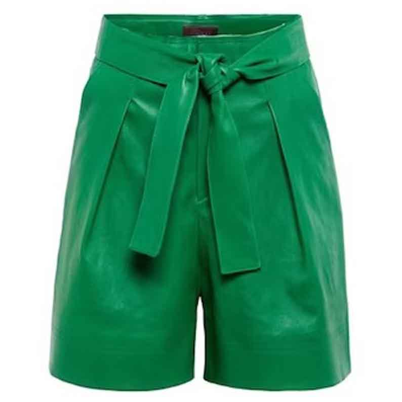 Womens Green Leather Short with Tie Belt