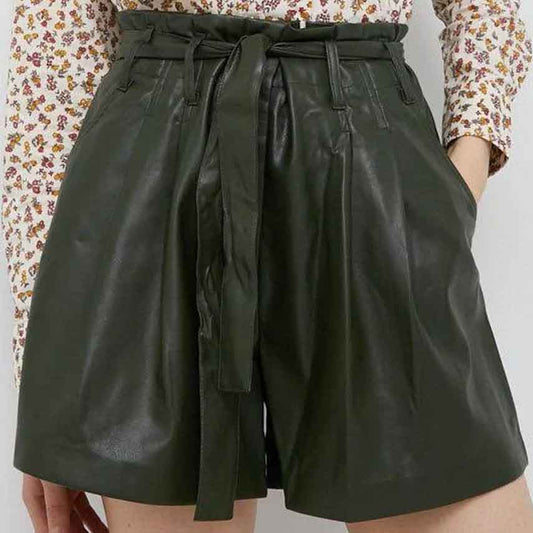 Womens High Waist Green Leather Shorts with Tie