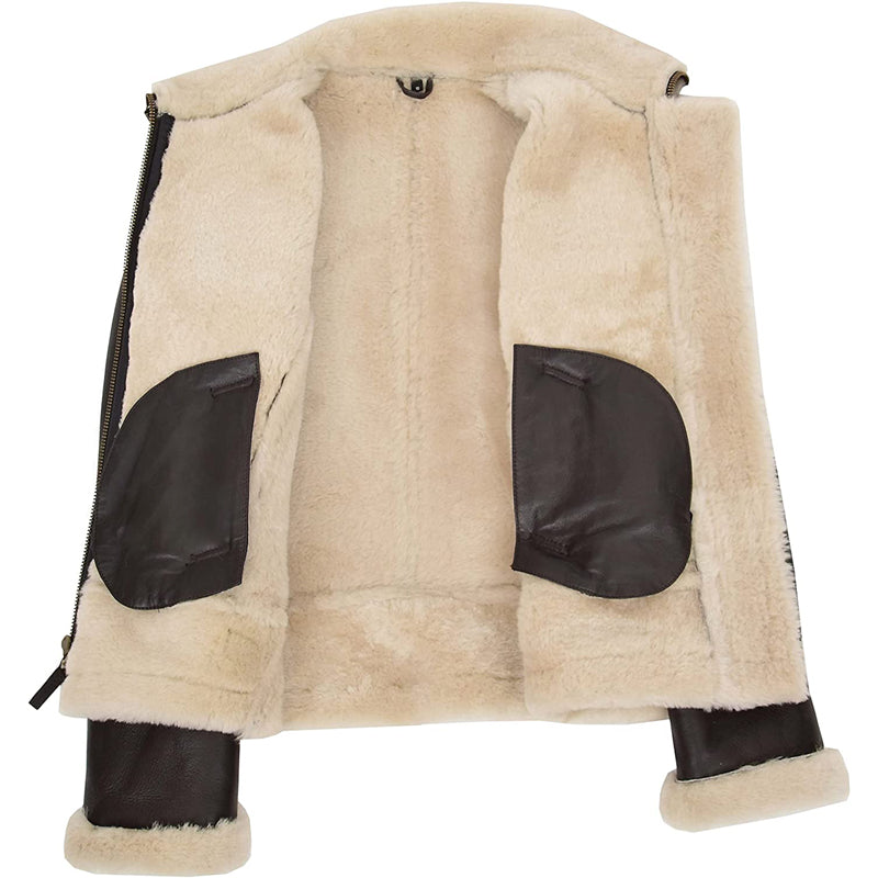 Womens Real Sheepskin Flying Jacket Brown Hooded Shearling B3 Pilot Aviator Coat