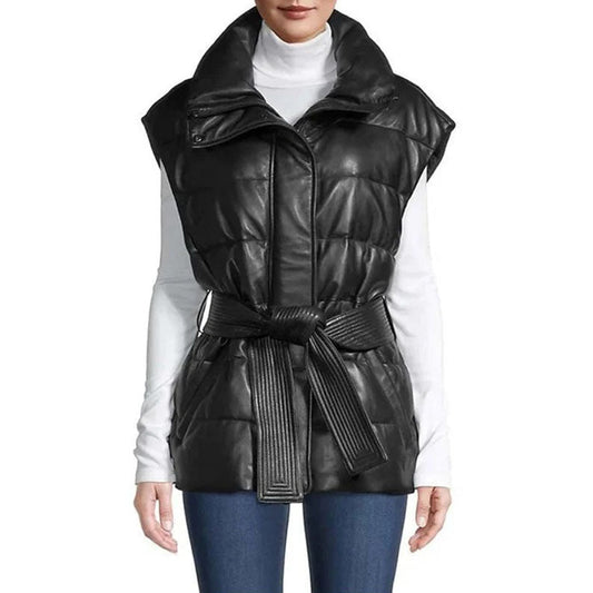Womens Leather Puffer Vest in Black