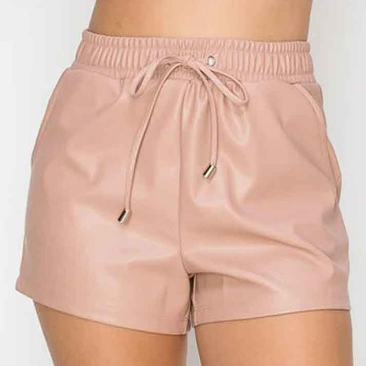Womens Pink High Waist Leather Short