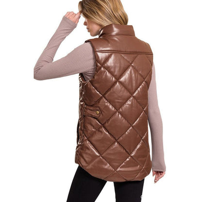 Women Chocolate Leather Puffer Vest