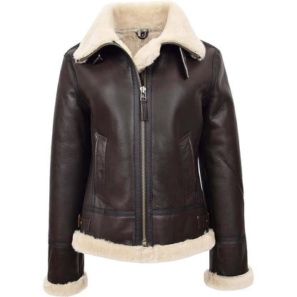 Womens Real Sheepskin Flying Jacket Brown Hooded Shearling B3 Pilot Aviator Coat