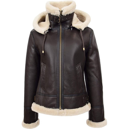 Womens Real Sheepskin Flying Jacket Brown Hooded Shearling B3 Pilot Aviator Coat