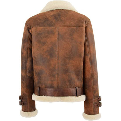 Womens Real Sheepskin Aviator Shearling Pilot Biker Style Jacket Antique Brown