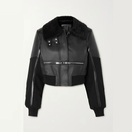 Women's Black Shearling-trimmed textured-leather bomber jacket