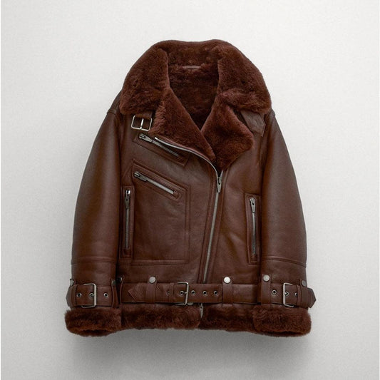 Women's Brown Aviator Styled Sheepskin Shearling Leather Jacket