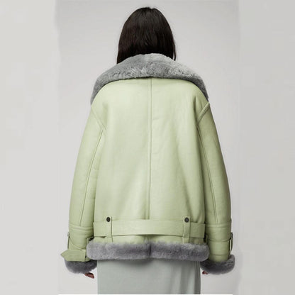 Women's Green RAF Aviator Styled Sheepskin Shearling Leather Jacket