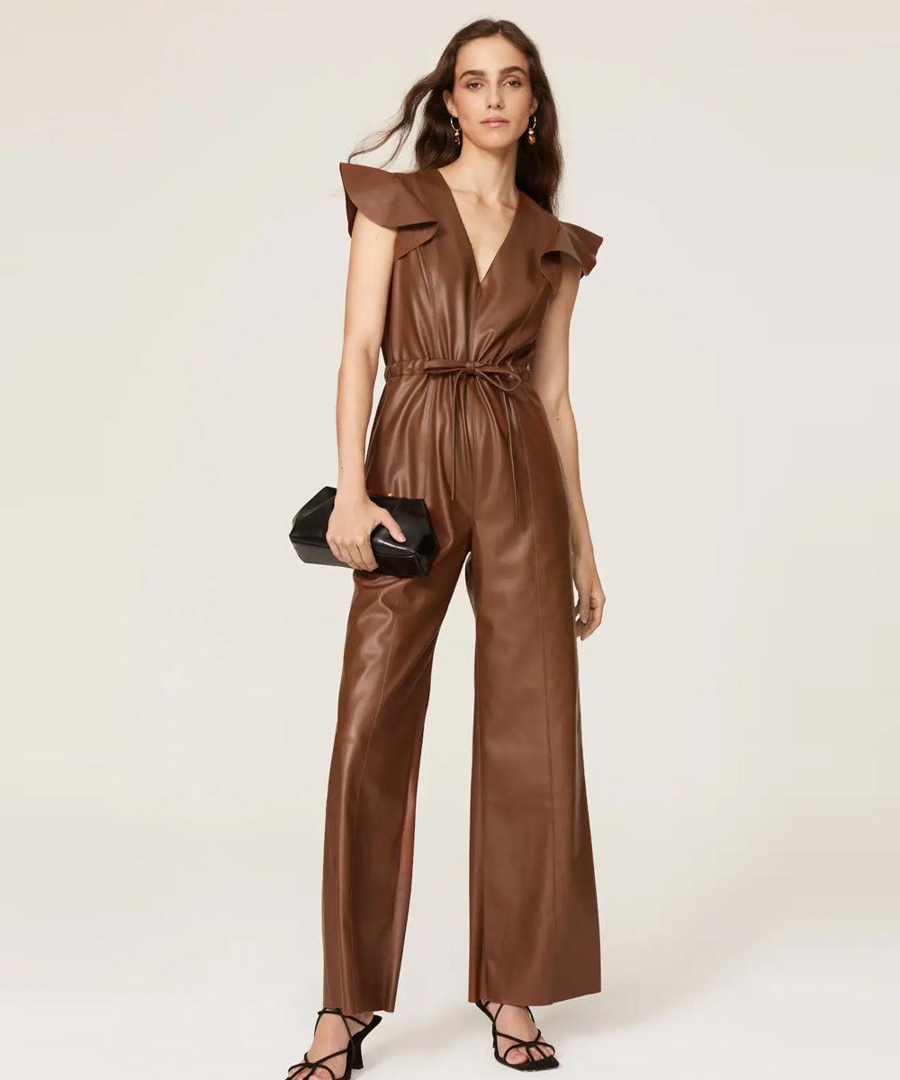 Brown Sheepskin Leather Jumpsuit For Women