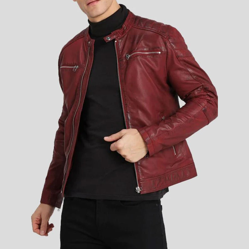 Mens Zipper Pockets Biker Leather Jacket