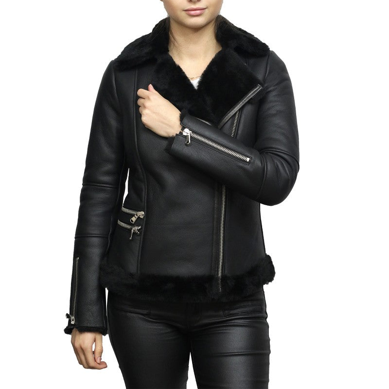 Women's Black Sheepskin Aviator Pilot Leather Jacket