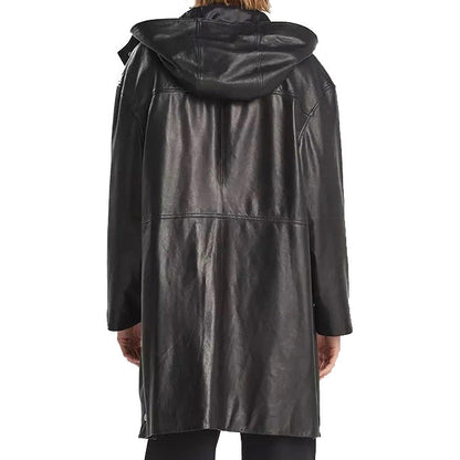 Hooded Leather Trench Coat Black