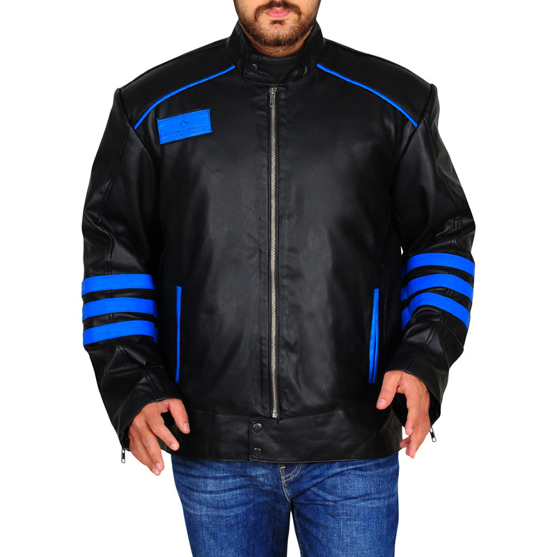 Mens Black & Blue Biker Leather Jacket