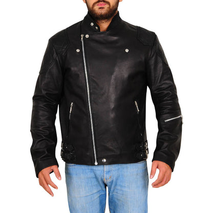 Mens Leather Biker Jacket In Black