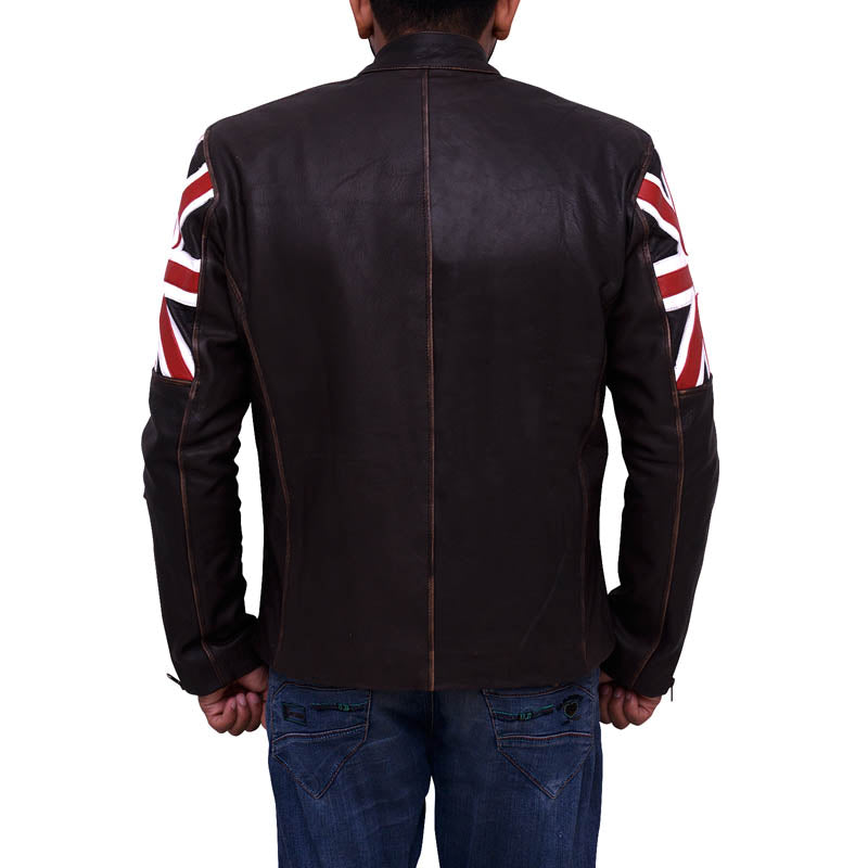 Mens Brown England Flag Biker Leather Jacket