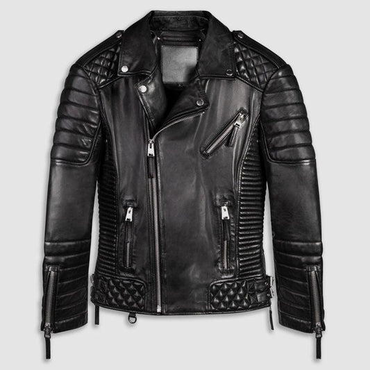 Men's Black Biker Leather Jacket Quilted Style