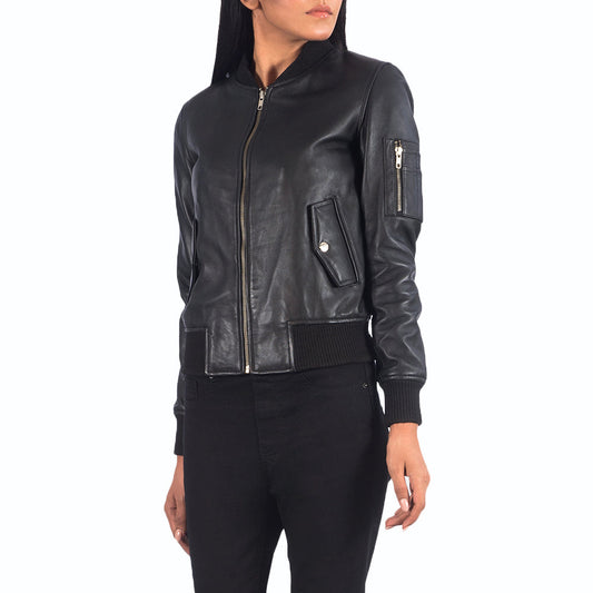 Womens Aviator Black Leather Bomber Jacket