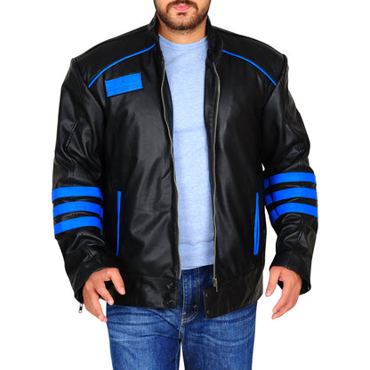 Mens Black & Blue Biker Leather Jacket