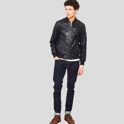 Men's Leon Black Bomber Genuine Leather Jacket
