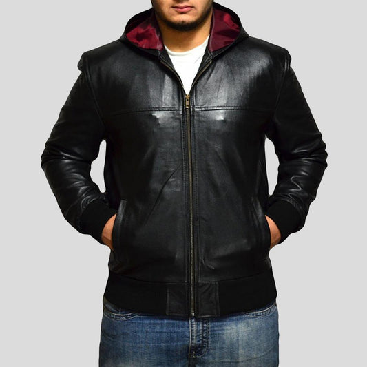 Men's Shane Black Bomber Leather Jacket Hooded