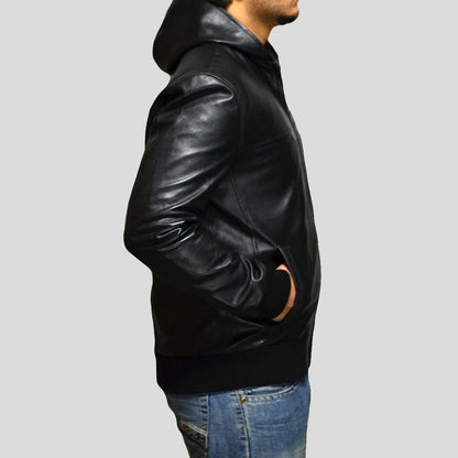 Men's Shane Black Bomber Leather Jacket Hooded