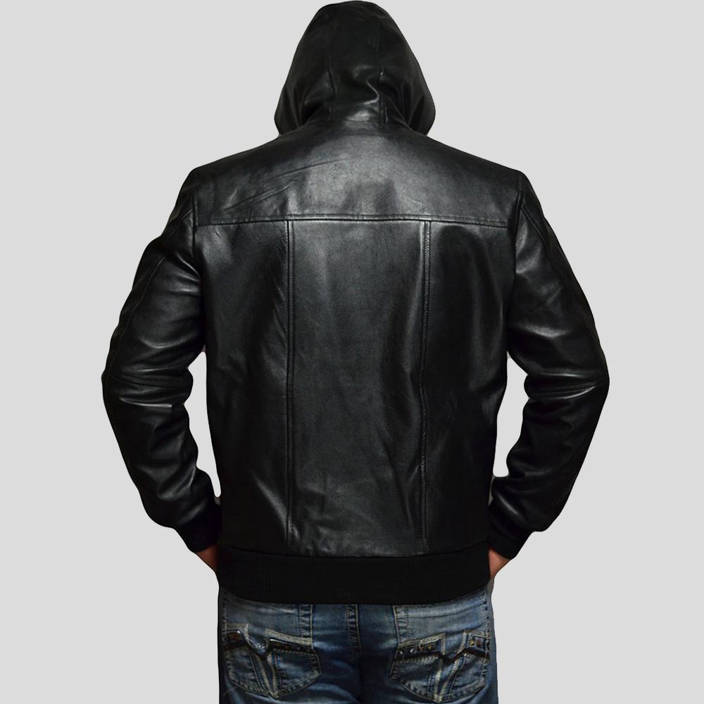 Men's Shane Black Bomber Leather Jacket Hooded