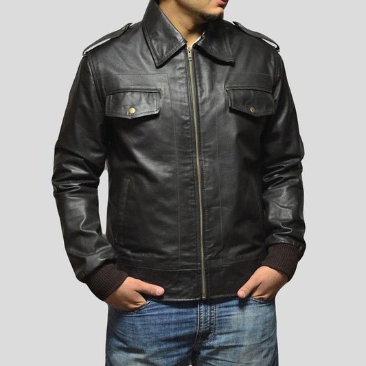 Willy Bomber Leather Jacket For Men In Black