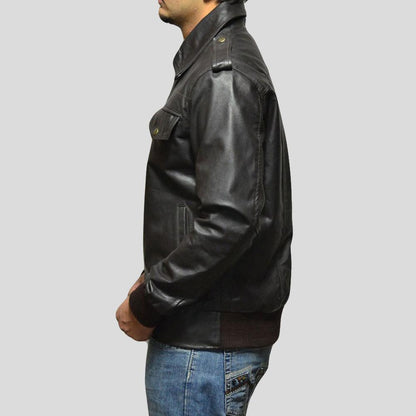 Willy Bomber Leather Jacket For Men In Black